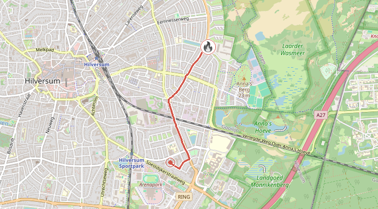 Kaart van de omgeving van de melding, met de kazerne die is gealarmeerd