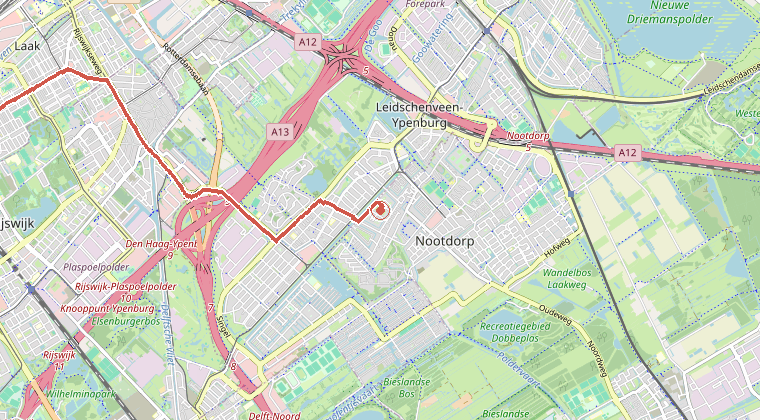 Kaart van de omgeving van de melding, met de kazerne die is gealarmeerd