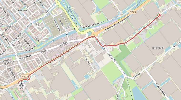 Kaart van de omgeving van de melding, met de kazerne die is gealarmeerd