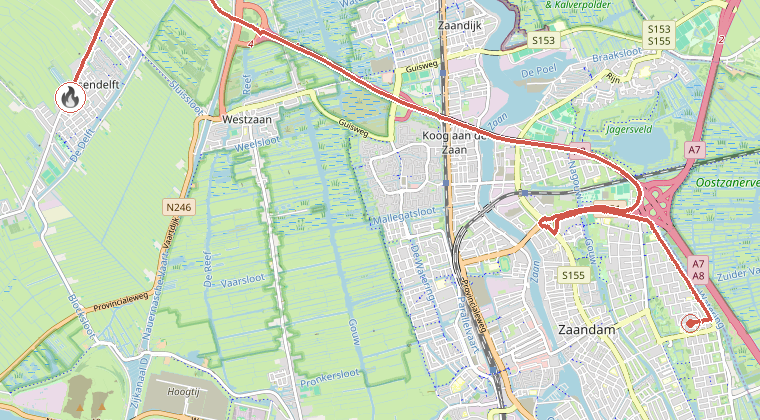 Kaart van de omgeving van de melding, met de kazerne die is gealarmeerd