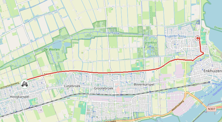 Kaart van de omgeving van de melding, met de kazerne die is gealarmeerd
