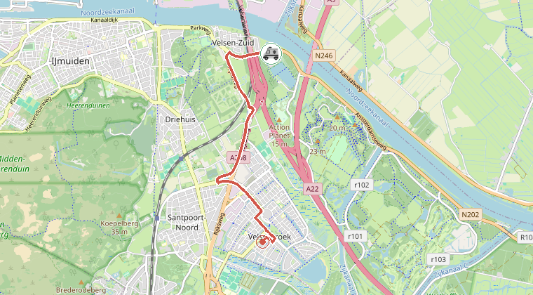 Kaart van de omgeving van de melding, met de kazerne die is gealarmeerd
