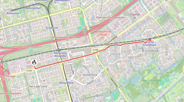 Kaart van de omgeving van de melding, met de kazerne die is gealarmeerd