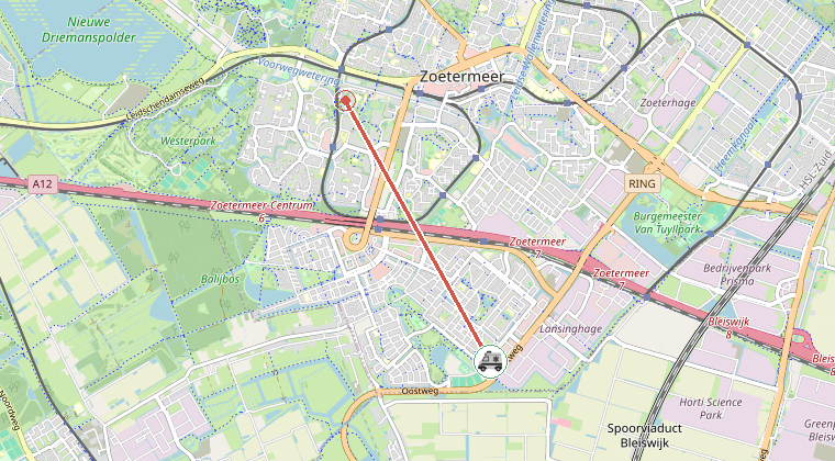 Kaart van de omgeving van de melding, met de kazerne die is gealarmeerd