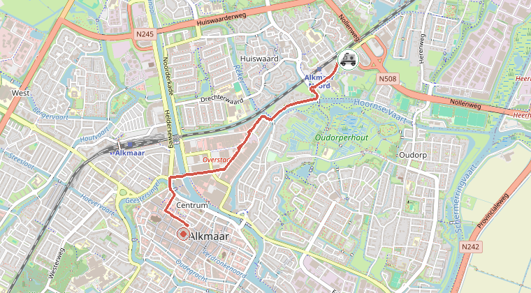Kaart van de omgeving van de melding, met de kazerne die is gealarmeerd