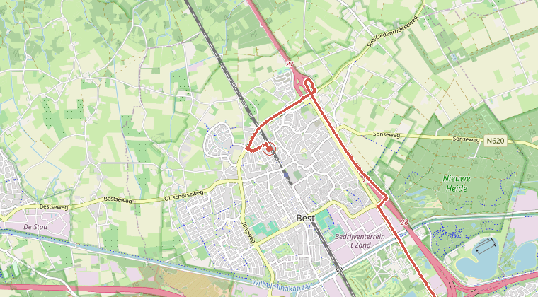 Kaart van de omgeving van de melding, met de kazerne die is gealarmeerd