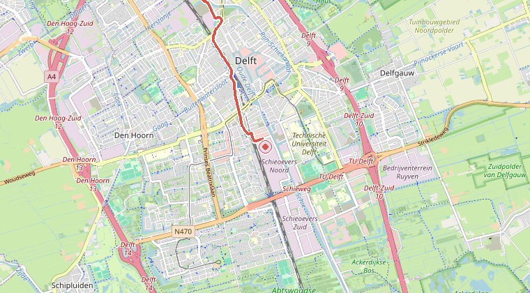 Kaart van de omgeving van de melding, met de kazerne die is gealarmeerd