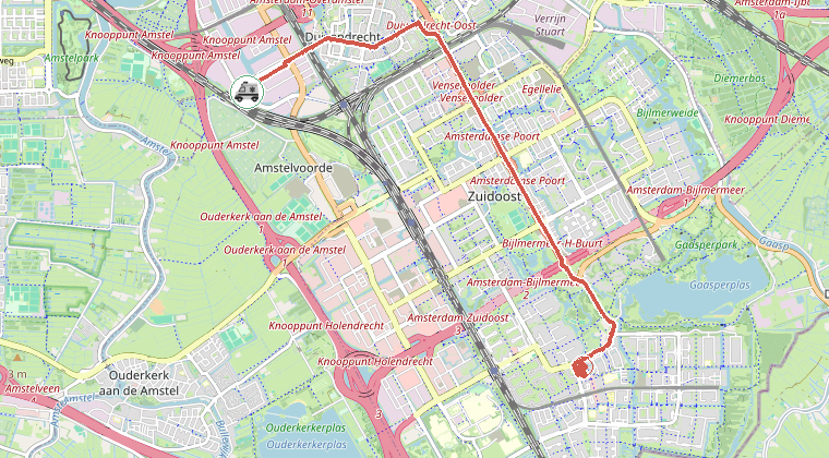Kaart van de omgeving van de melding, met de kazerne die is gealarmeerd