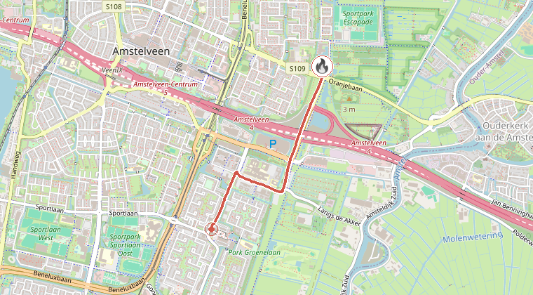 Kaart van de omgeving van de melding, met de kazerne die is gealarmeerd
