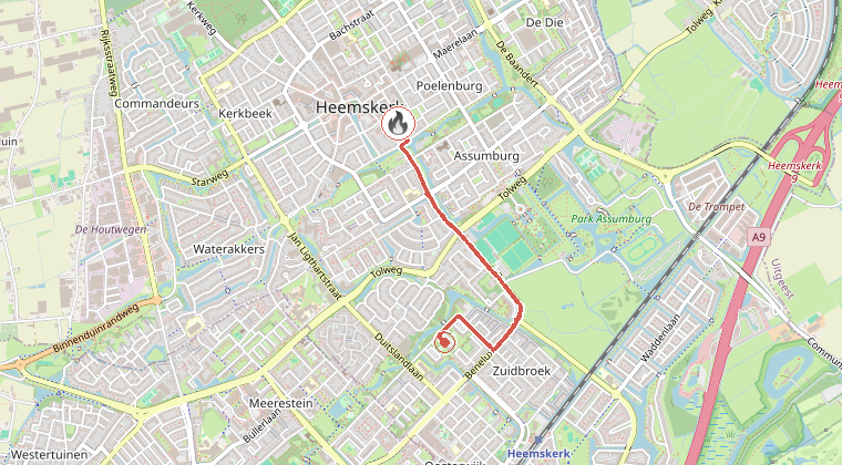 Kaart van de omgeving van de melding, met de kazerne die is gealarmeerd