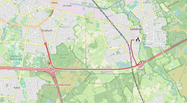 Kaart van de omgeving van de melding, met de kazerne die is gealarmeerd