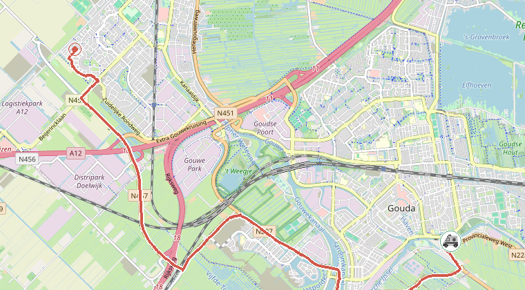 Kaart van de omgeving van de melding, met de kazerne die is gealarmeerd
