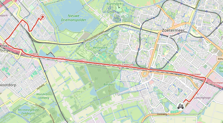 Kaart van de omgeving van de melding, met de kazerne die is gealarmeerd