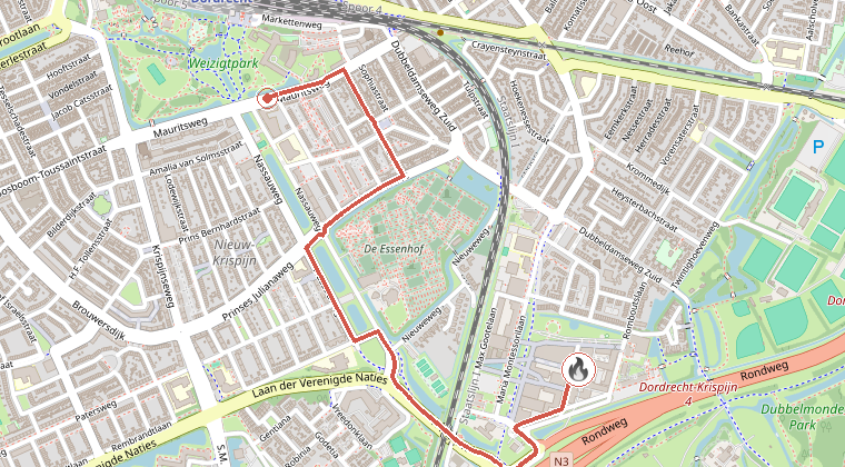 Kaart van de omgeving van de melding, met de kazerne die is gealarmeerd