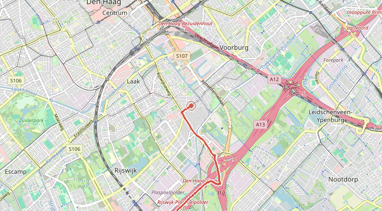 Kaart van de omgeving van de melding, met de kazerne die is gealarmeerd