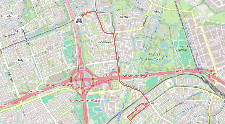 Kaart van de omgeving van de melding, met de kazerne die is gealarmeerd