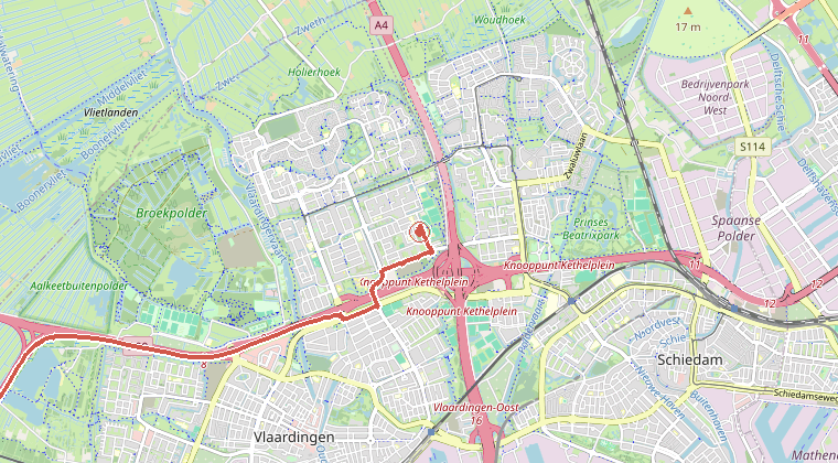 Kaart van de omgeving van de melding, met de kazerne die is gealarmeerd