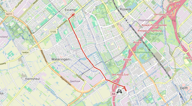 Kaart van de omgeving van de melding, met de kazerne die is gealarmeerd