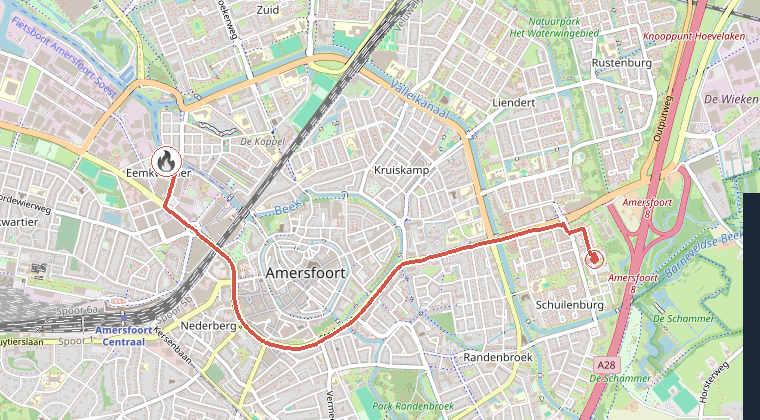 Kaart van de omgeving van de melding, met de kazerne die is gealarmeerd