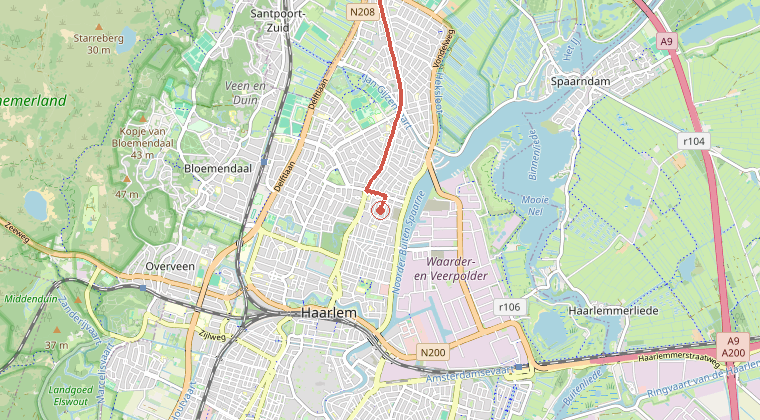 Kaart van de omgeving van de melding, met de kazerne die is gealarmeerd