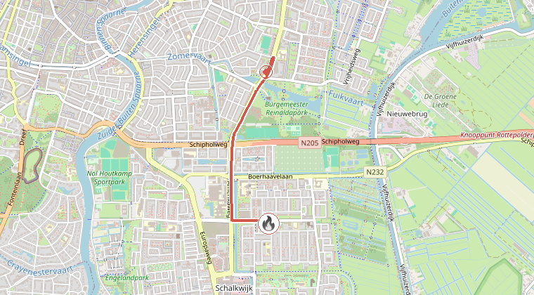 Kaart van de omgeving van de melding, met de kazerne die is gealarmeerd