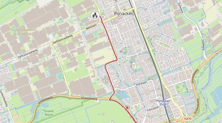 Kaart van de omgeving van de melding, met de kazerne die is gealarmeerd