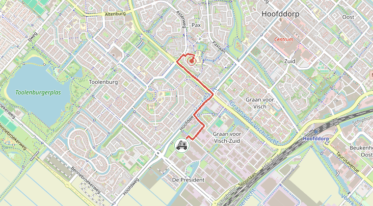 Kaart van de omgeving van de melding, met de kazerne die is gealarmeerd