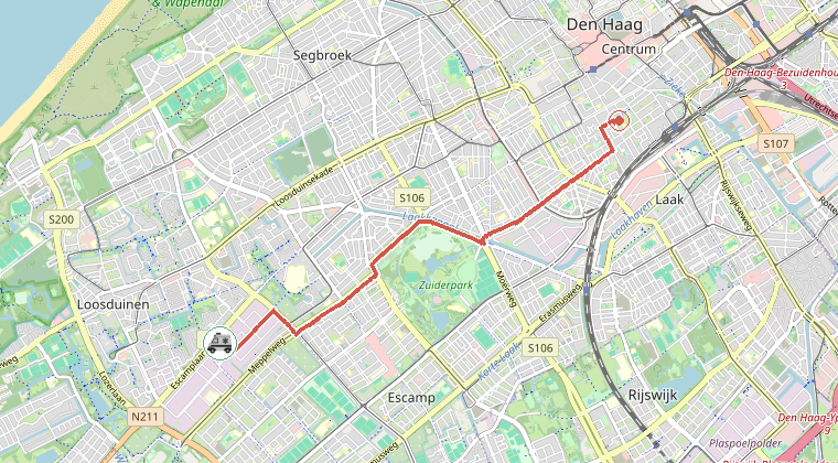 Kaart van de omgeving van de melding, met de kazerne die is gealarmeerd