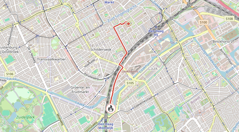 Kaart van de omgeving van de melding, met de kazerne die is gealarmeerd