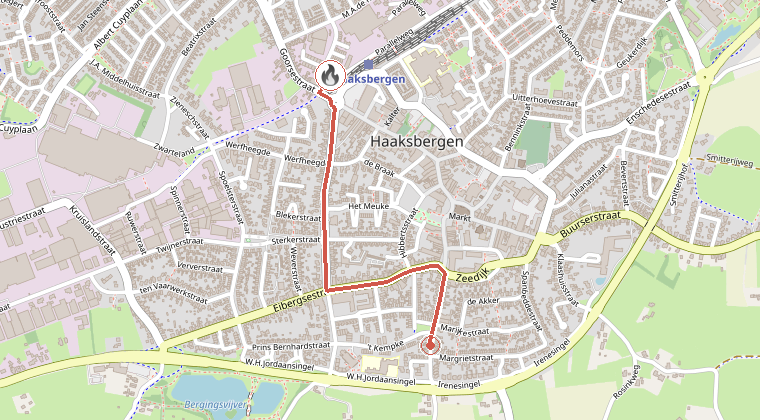 Kaart van de omgeving van de melding, met de kazerne die is gealarmeerd