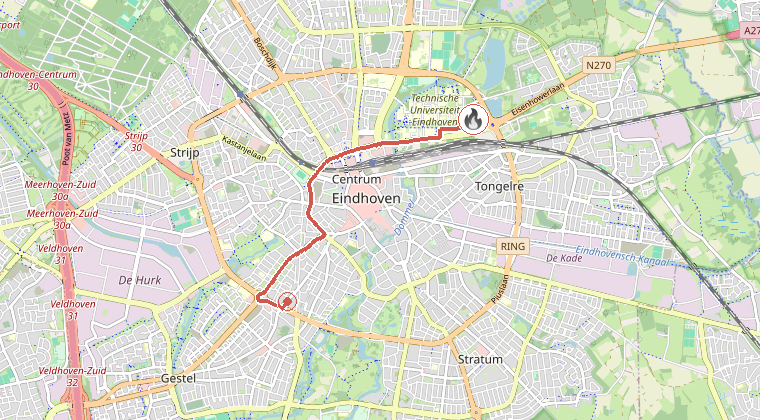 Kaart van de omgeving van de melding, met de kazerne die is gealarmeerd