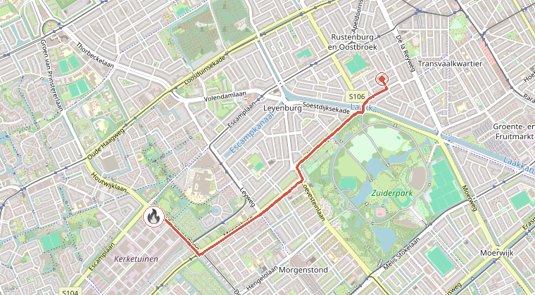 Kaart van de omgeving van de melding, met de kazerne die is gealarmeerd
