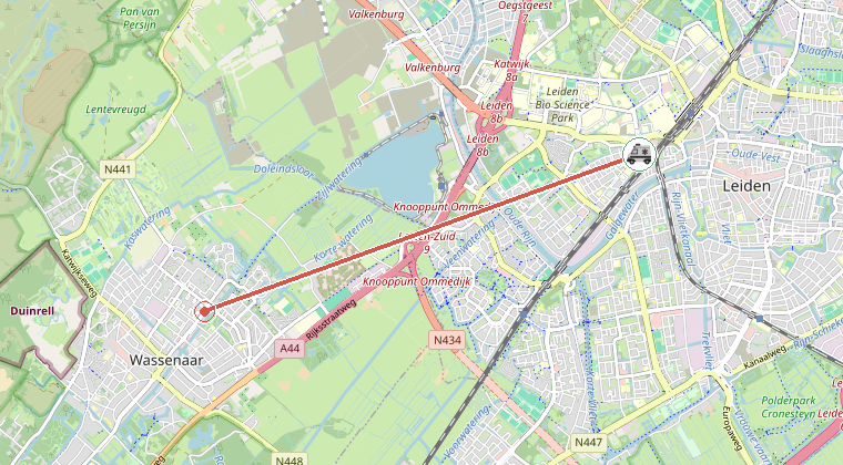 Kaart van de omgeving van de melding, met de kazerne die is gealarmeerd