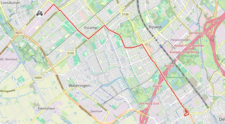 Kaart van de omgeving van de melding, met de kazerne die is gealarmeerd