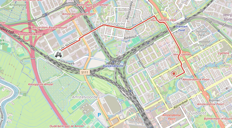 Kaart van de omgeving van de melding, met de kazerne die is gealarmeerd