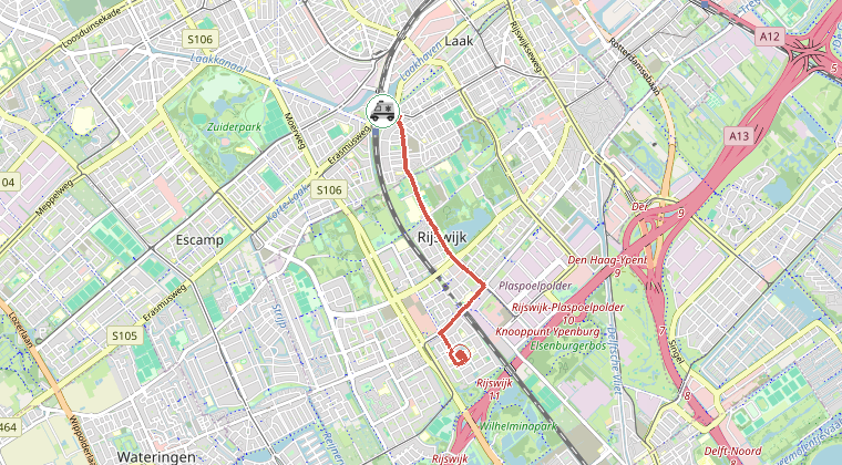 Kaart van de omgeving van de melding, met de kazerne die is gealarmeerd