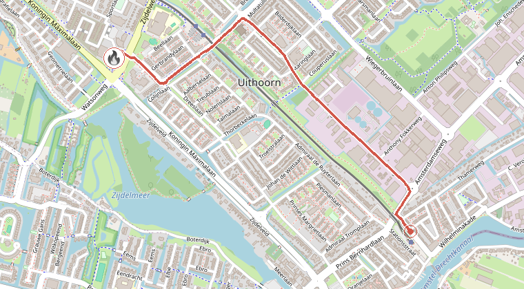 Kaart van de omgeving van de melding, met de kazerne die is gealarmeerd