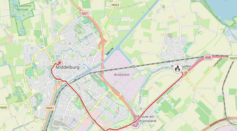 Kaart van de omgeving van de melding, met de kazerne die is gealarmeerd