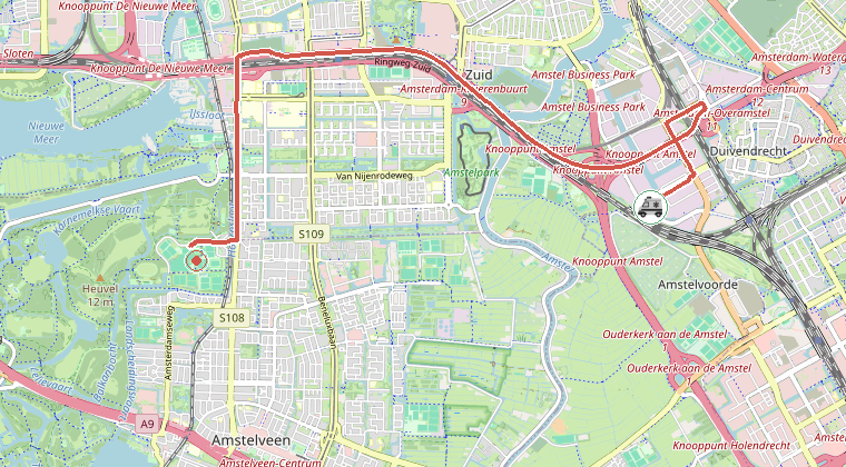 Kaart van de omgeving van de melding, met de kazerne die is gealarmeerd