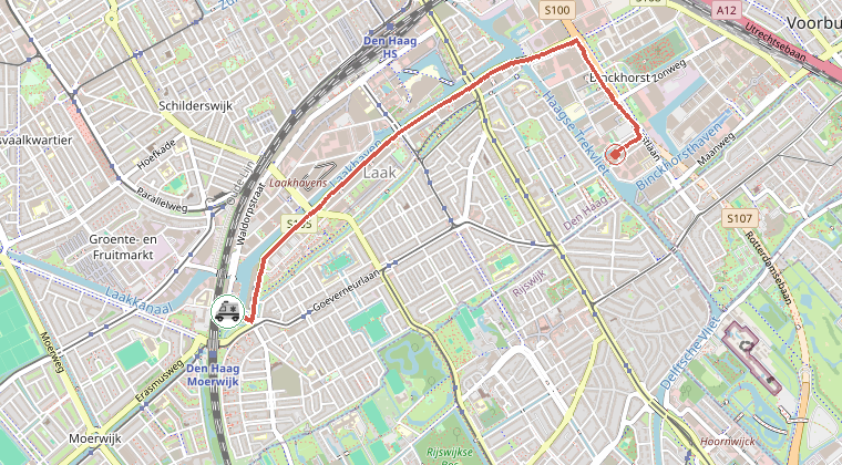 Kaart van de omgeving van de melding, met de kazerne die is gealarmeerd