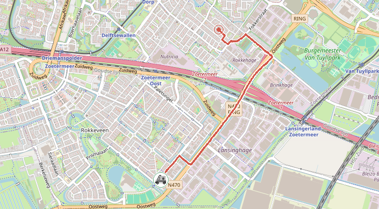 Kaart van de omgeving van de melding, met de kazerne die is gealarmeerd