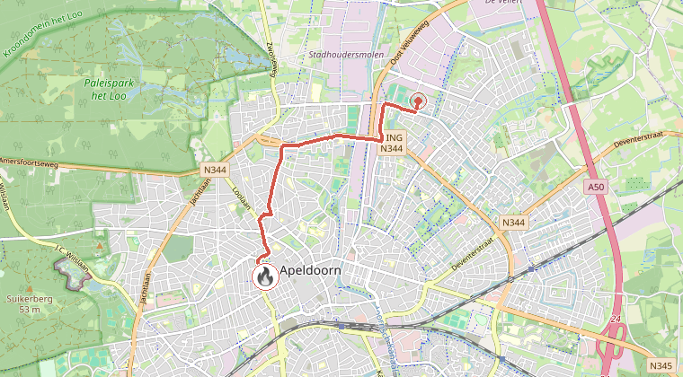 Kaart van de omgeving van de melding, met de kazerne die is gealarmeerd