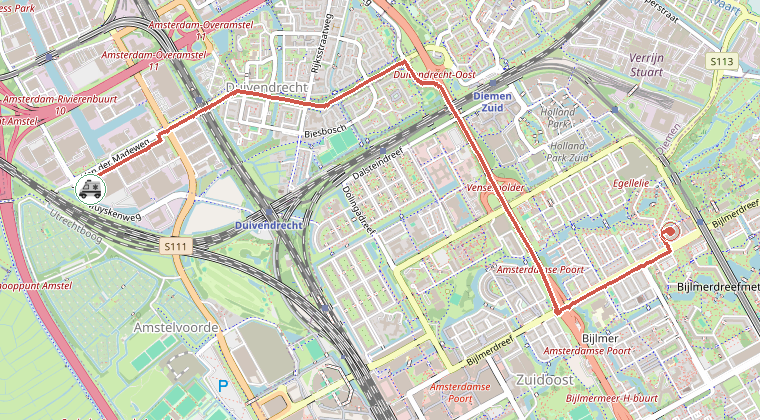 Kaart van de omgeving van de melding, met de kazerne die is gealarmeerd