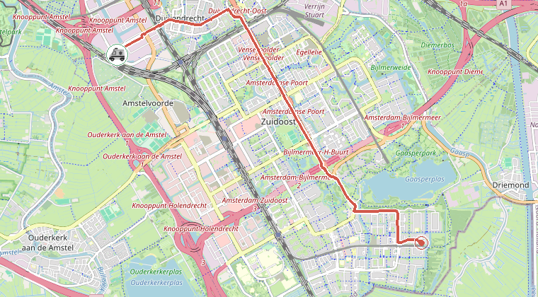 Kaart van de omgeving van de melding, met de kazerne die is gealarmeerd