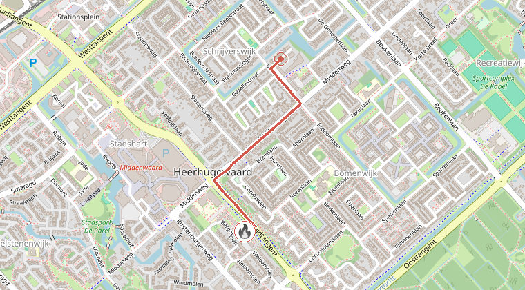 Kaart van de omgeving van de melding, met de kazerne die is gealarmeerd