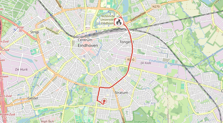 Kaart van de omgeving van de melding, met de kazerne die is gealarmeerd