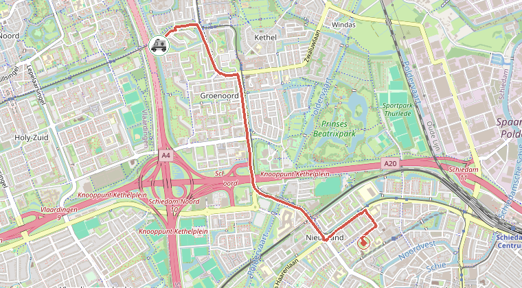 Kaart van de omgeving van de melding, met de kazerne die is gealarmeerd