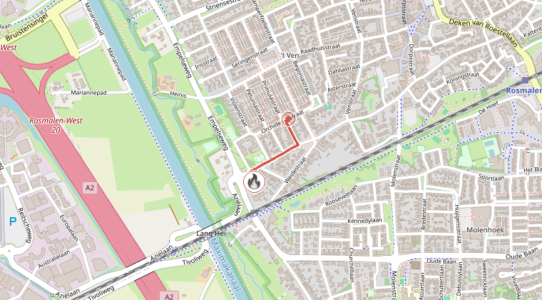 Kaart van de omgeving van de melding, met de kazerne die is gealarmeerd
