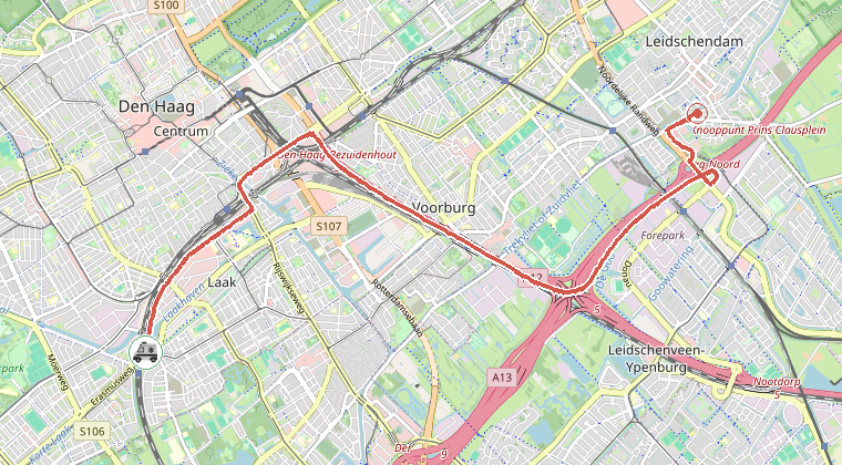 Kaart van de omgeving van de melding, met de kazerne die is gealarmeerd