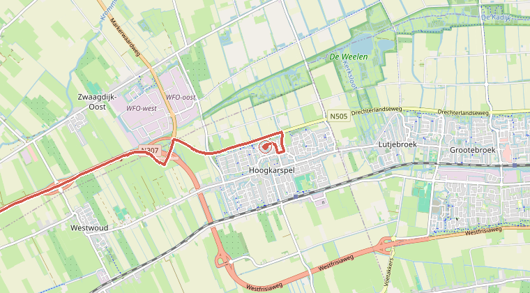 Kaart van de omgeving van de melding, met de kazerne die is gealarmeerd